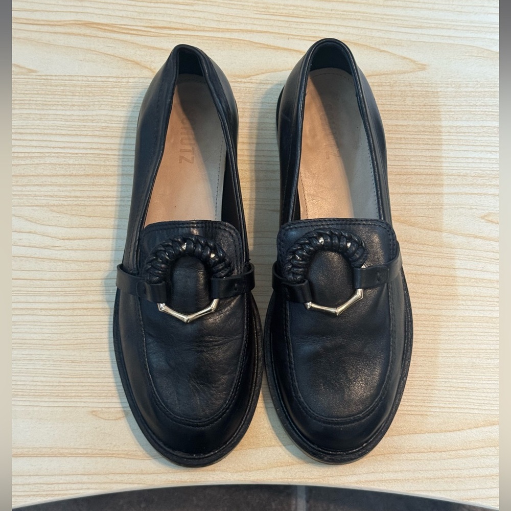 SCHUTZ Black Leather Loafers with Gold Ring Accent - Picture 3 of 9
